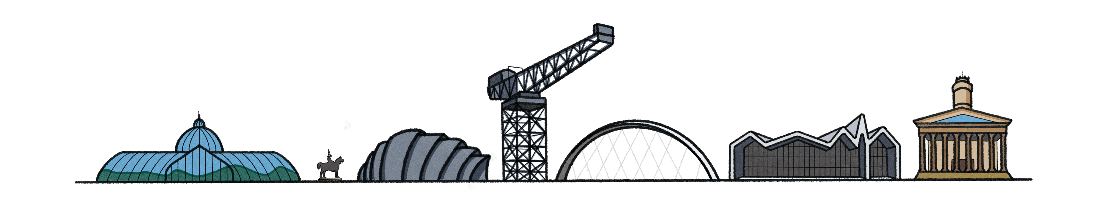 A line art drawing of the Glasgow City skyline depicting various landmarks from the city.